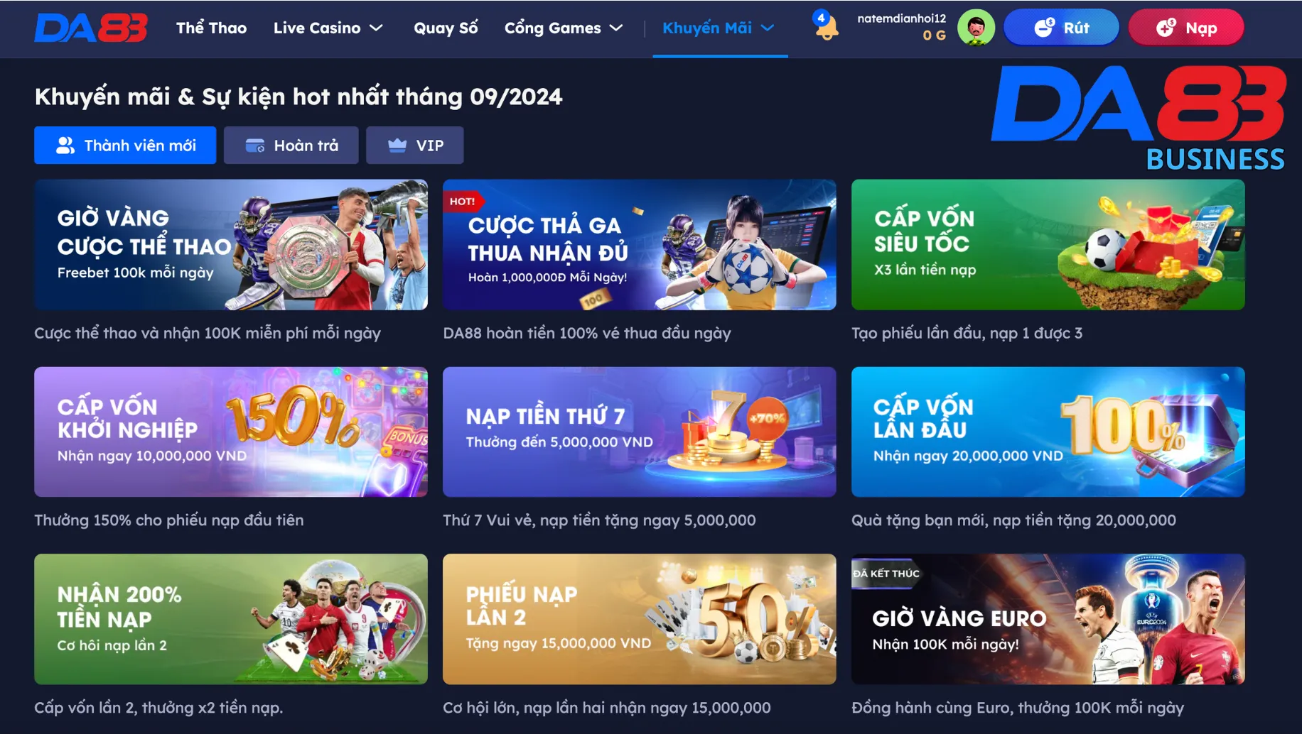 Các khuyến mãi khủng tại nhà cái Da88